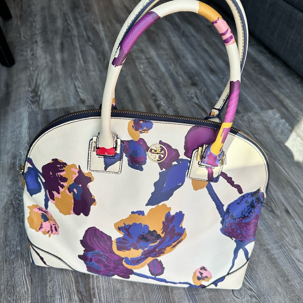 Tory Burch Cream Satchel with Purple and Gold Floral Design